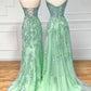 Robe de soirée sexy sirène en tulle vert menthe avec décolleté en cœur et dentelle C3727