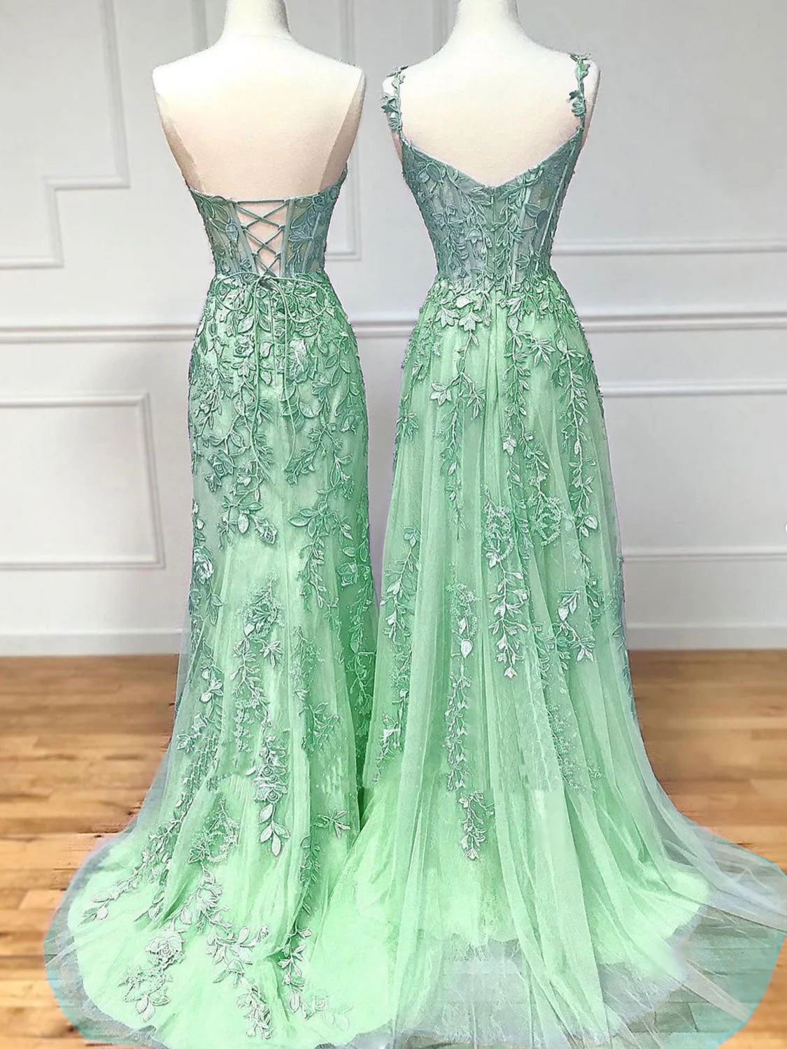 Robe de soirée sexy sirène en tulle vert menthe avec décolleté en cœur et dentelle C3727