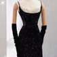 Robe de soirée longue élégante à bretelles spaghetti et paillettes noires avec perles C3518