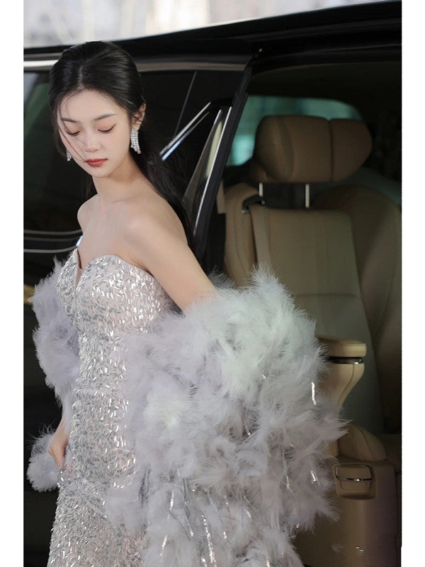 Elegant Mermaid Sweetheart Neckline Silver Sequin Evening Dress Long Prom Dresses C3511