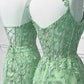 Robe de soirée sexy sirène en tulle vert menthe avec décolleté en cœur et dentelle C3727
