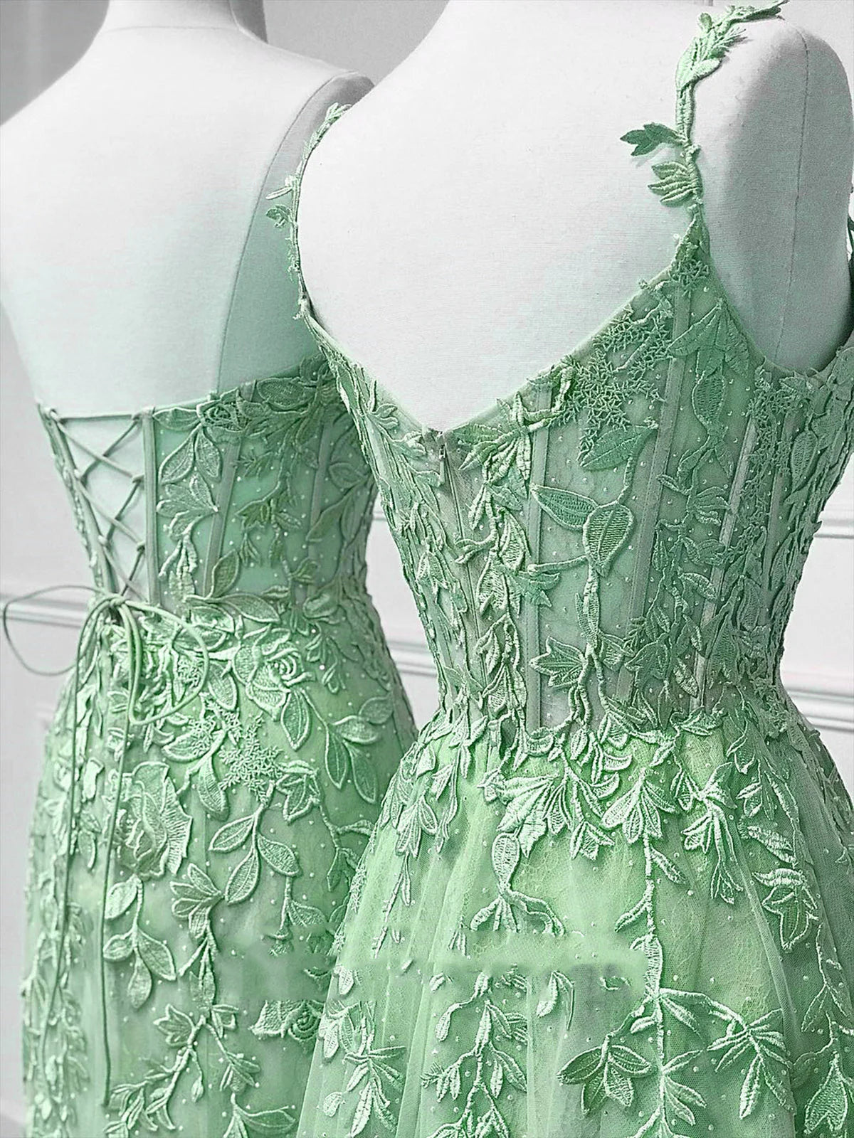 Robe de soirée sexy sirène en tulle vert menthe avec décolleté en cœur et dentelle C3727