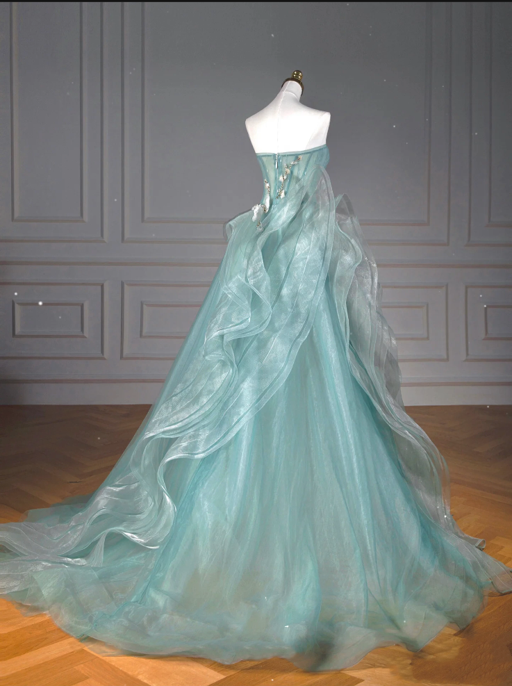 Pretty Ball Gown Sweetheart Tulle Green Long Evening Dress Prom Dresses With Ruffles C3454