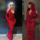 Sexy Mermaid Halter Red Sequin Long Prom Dress With Gloves C949