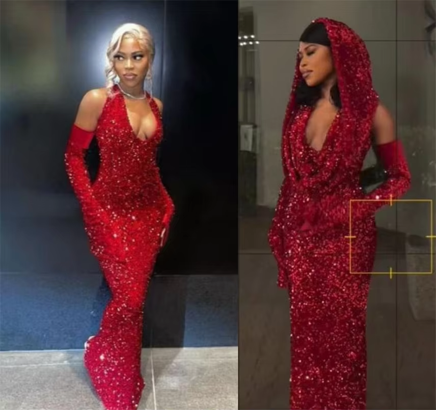 Sexy Mermaid Halter Red Sequin Long Prom Dress With Gloves C949