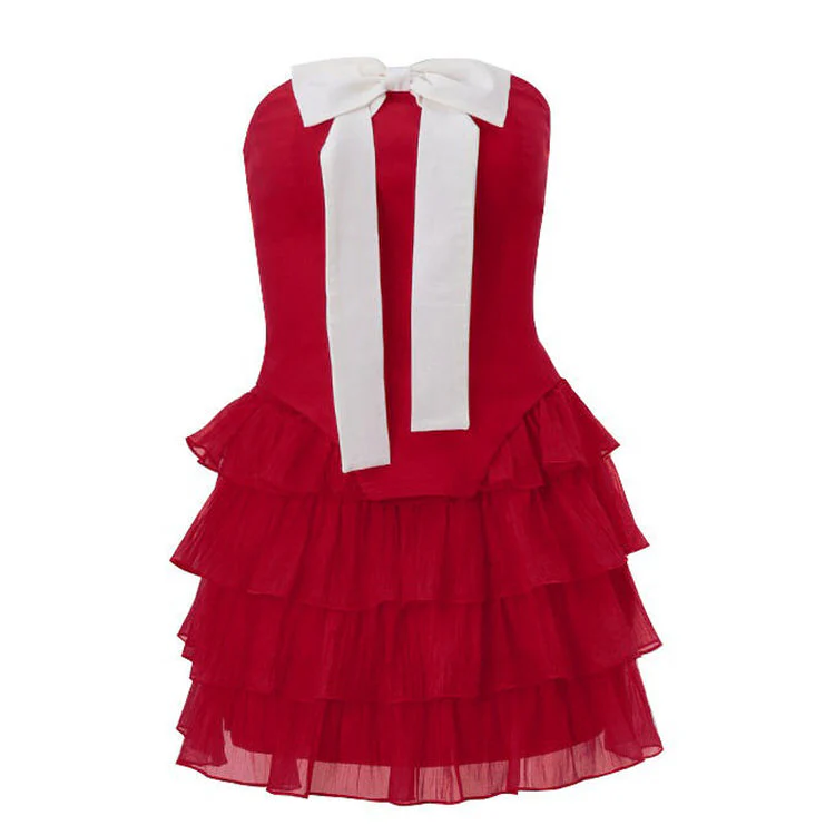 Robe fourreau sexy sans bretelles à volants rouges, tenue de soirée courte pour anniversaire C2029