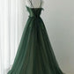 Robe de bal bretelles Spaghetti longueur au sol vert foncé longues robes de bal B008