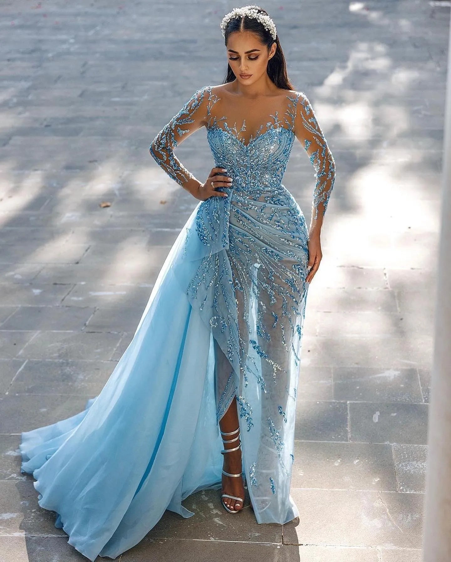 Robe de soirée à manches longues et fente en sequins, jolie robe fourreau à encolure dégagée C3715