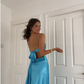 Vintage A Line Spaghetti Straps 90s Blue Prom Dresses Evening Gowns With Bow C3031