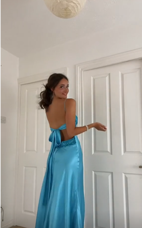 Vintage A Line Spaghetti Straps 90s Blue Prom Dresses Evening Gowns With Bow C3031
