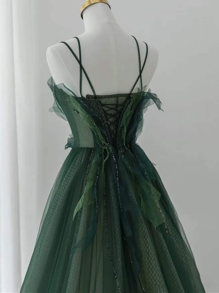 Robe de bal bretelles Spaghetti longueur au sol vert foncé longues robes de bal B008