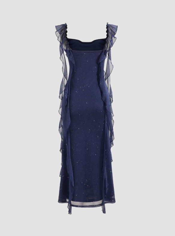 Elegant Sheath Square Neckline Navy Blue Chiffon Ruffles Prom Dresses Formal Dress C2733