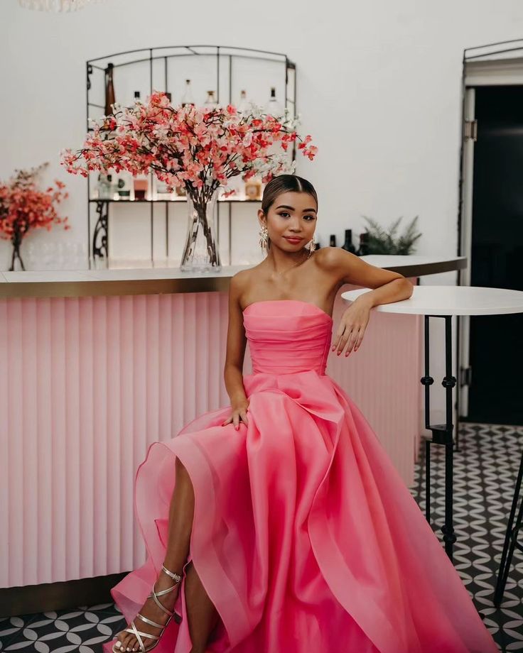 Pretty Light Pink A Line Strapless Organza Prom Dress Long Prom Dresses C2673
