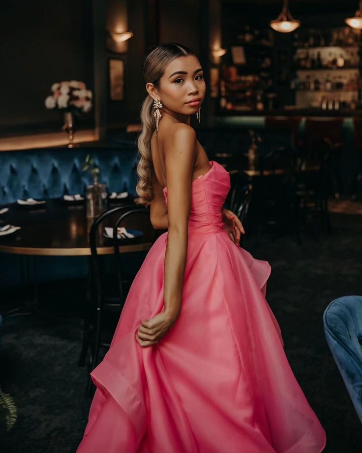 Pretty Light Pink A Line Strapless Organza Prom Dress Long Prom Dresses C2673