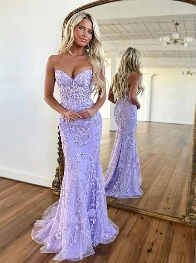 Elegant Mermaid Sweetheart Lilac Lace Appliques Long Prom Dresses Formal Dress C2734