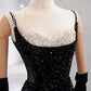 Robe de soirée longue élégante à bretelles spaghetti et paillettes noires avec perles C3518