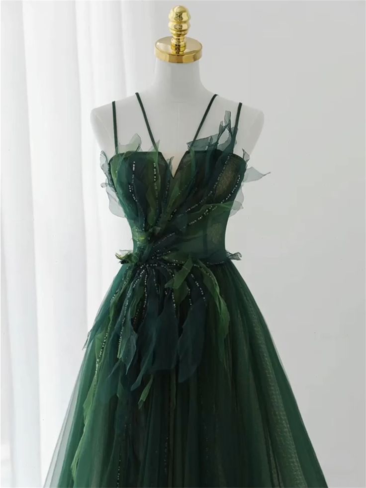 Robe de bal bretelles Spaghetti longueur au sol vert foncé longues robes de bal B008