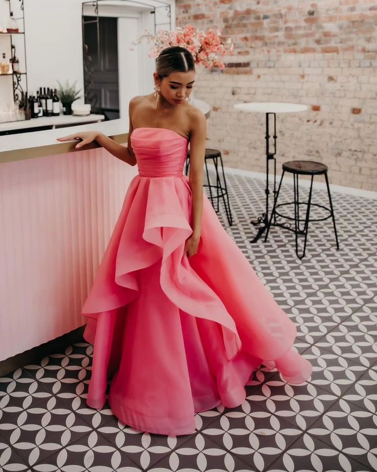 Pretty Light Pink A Line Strapless Organza Prom Dress Long Prom Dresses C2673