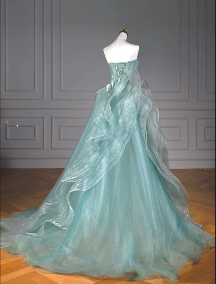 Pretty Ball Gown Sweetheart Tulle Green Long Evening Dress Prom Dresses With Ruffles C3454