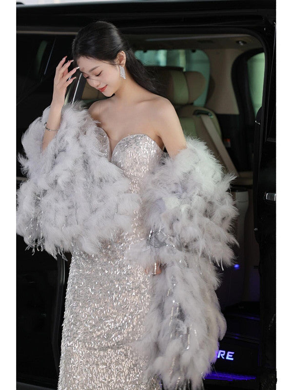 Elegant Mermaid Sweetheart Neckline Silver Sequin Evening Dress Long Prom Dresses C3511