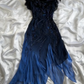 Elegant A Line Spaghetti Straps Navy Blue Chiffon Beads Long Prom Dresses Formal Dress C2743