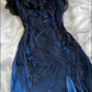 Elegant A Line Spaghetti Straps Navy Blue Chiffon Beads Long Prom Dresses Formal Dress C2743