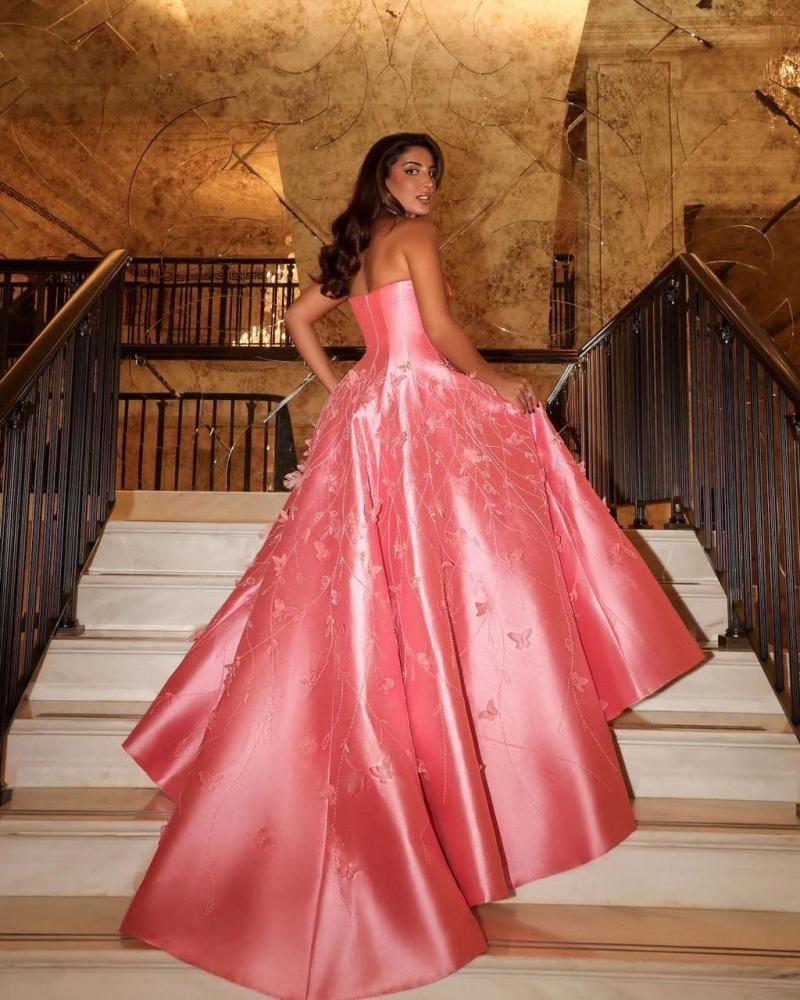 Robe de soirée en satin rose à col en cœur et coupe trapèze, longueur au sol, robe de bal BD2519