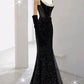 Robe de soirée longue élégante à bretelles spaghetti et paillettes noires avec perles C3518