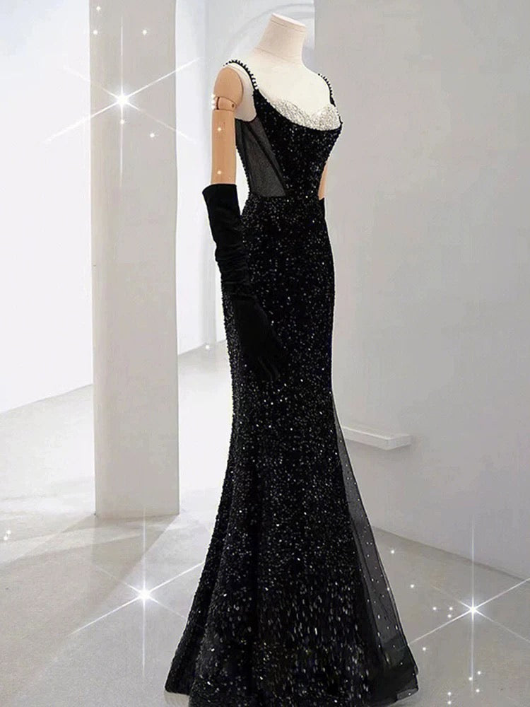 Robe de soirée longue élégante à bretelles spaghetti et paillettes noires avec perles C3518