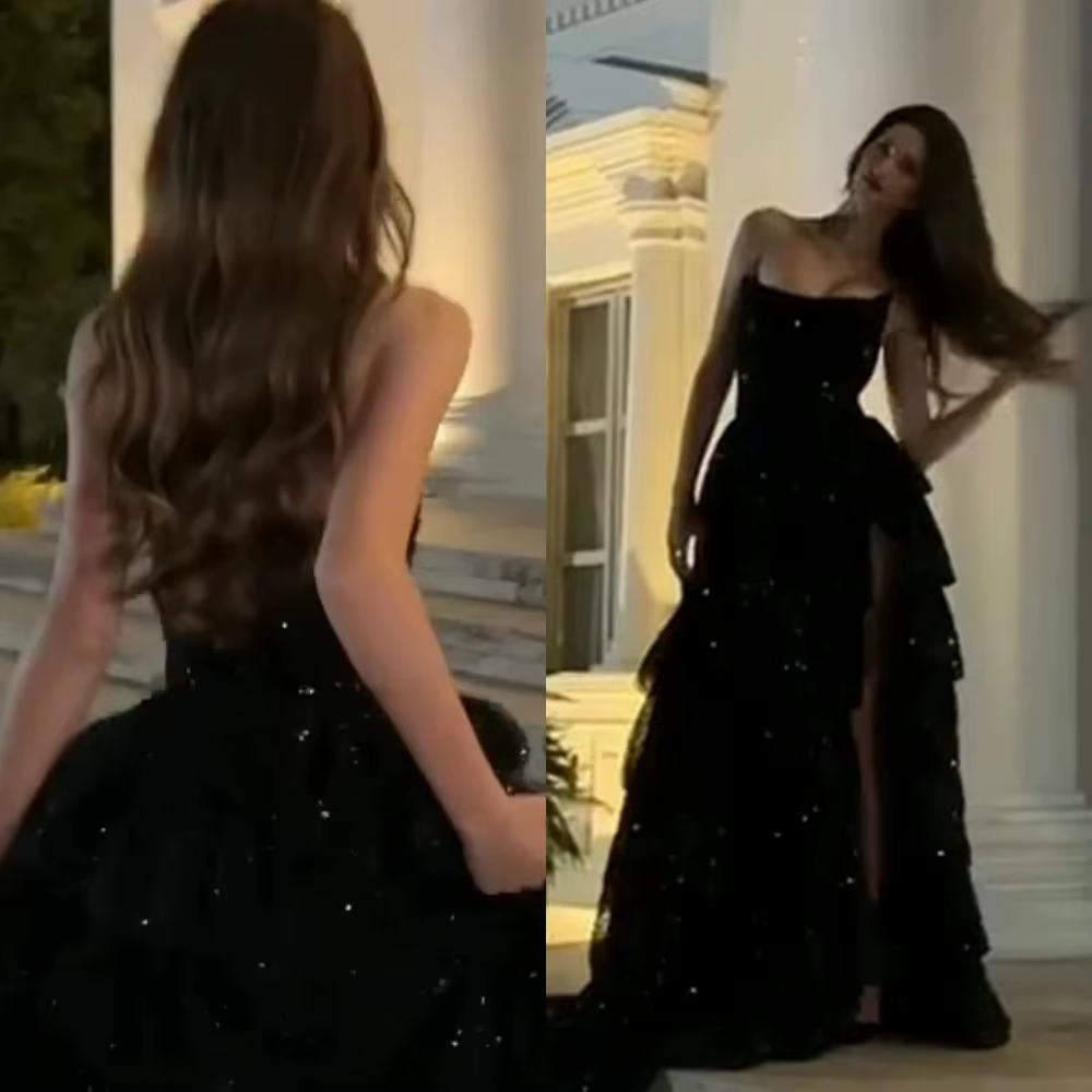 Robe de bal modeste sans bretelles à paillettes noires, longueur au sol, fente, robes de soirée C2530