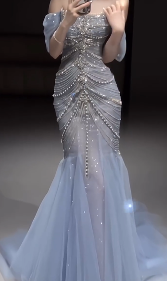 Elegant Mermaid Off The Shoulder Blue Tulle Prom Dresses C1262