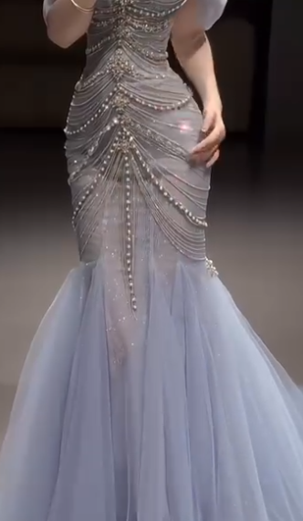 Elegant Mermaid Off The Shoulder Blue Tulle Prom Dresses C1262