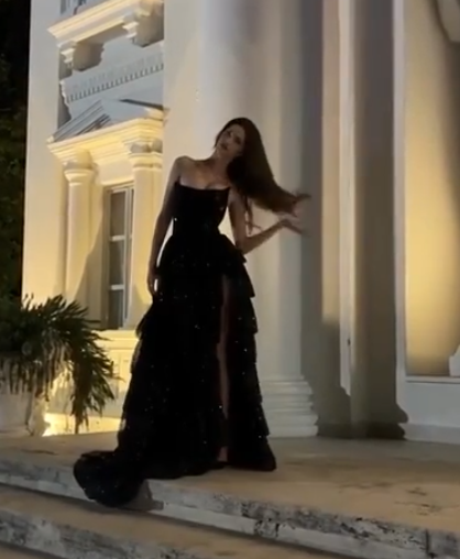 Elegant Ball Gown Strapless Black Sequin Layers Slit Long Prom Dresses Formal Dress C2735
