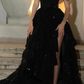 Elegant Ball Gown Strapless Black Sequin Layers Slit Long Prom Dresses Formal Dress C2735
