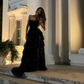 Elegant Ball Gown Strapless Black Sequin Layers Slit Long Prom Dresses Formal Dress C2735
