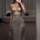 Elegant Mermaid Spaghetti Straps Silver Beads Slit Long Prom Dresses Formal Dress C2746