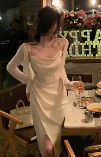Modest Sheath Spaghetti Straps Ivory Slit Prom Dresses Evening Dress C2846