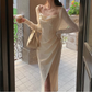 Modest Sheath Spaghetti Straps Ivory Slit Prom Dresses Evening Dress C2846