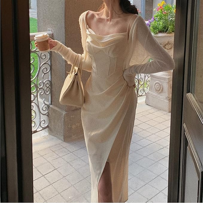 Modest Sheath Spaghetti Straps Ivory Slit Prom Dresses Evening Dress C2846