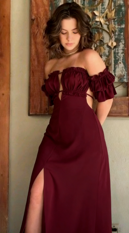 Robe de bal longue en satin élégante, coupe trapèze, épaules dénudées et fente, modèle C2870