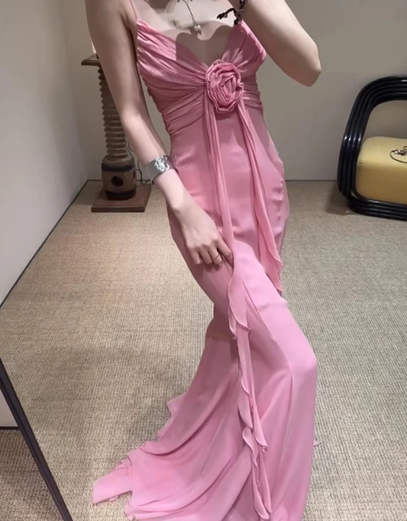 Vintage Mermaid Spaghetti Straps 90s Pink Chiffon Prom Dresses Evening Gowns C3039