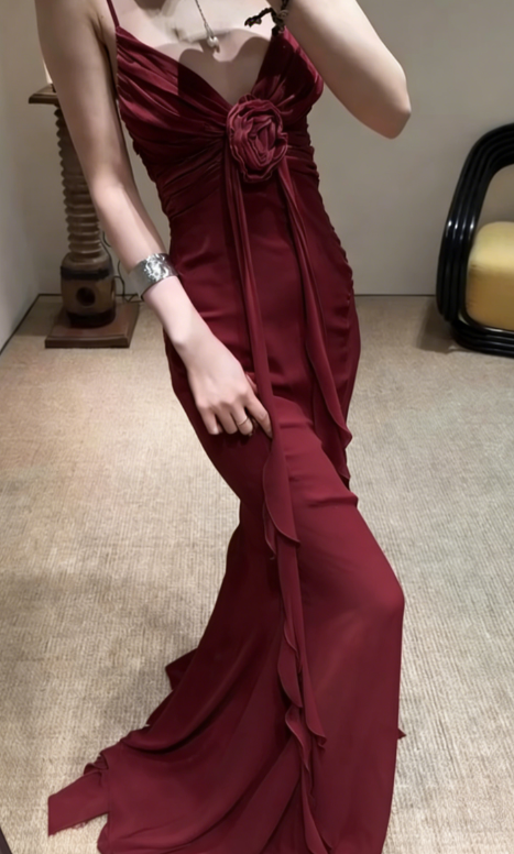 Vintage Mermaid Spaghetti Straps 90s Pink Chiffon Prom Dresses Evening Gowns C3039