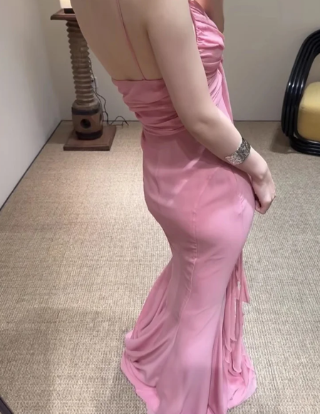 Vintage Mermaid Spaghetti Straps 90s Pink Chiffon Prom Dresses Evening Gowns C3039