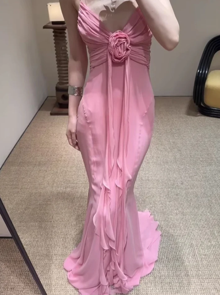Vintage Mermaid Spaghetti Straps 90s Pink Chiffon Prom Dresses Evening Gowns C3039