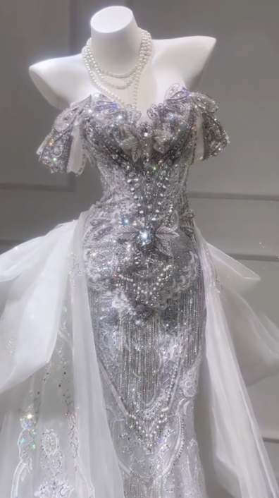 Timeless Mermaid Off The Shoulder Tulle Lace Sequin Beaded Long Wedding Dresses C4243