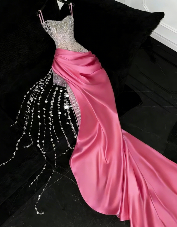 Gorgeous Mermaid Spaghetti Straps Satin Sequin Beads Long Wedding Dresses C4406