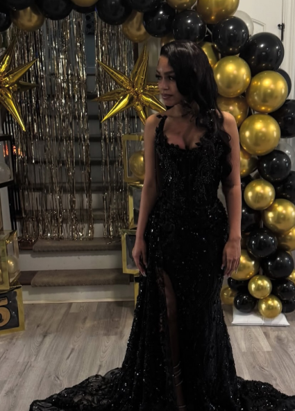 Gorgeous Mermaid Strapless Black Satin Sequin Beads Slit Long Prom Dre   BlingDress