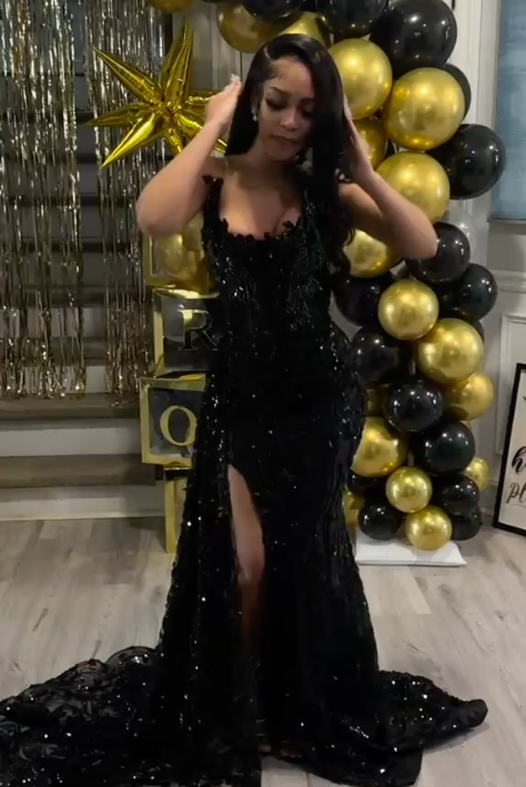 Gorgeous Mermaid Strapless Black Satin Sequin Beads Slit Long Prom Dre –  BlingDress
