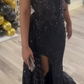 Superbe robe de bal longue en satin noir à paillettes et perles, style sirène, sans bretelles, fendue, C4965