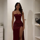 Classy Mermaid Strapless Satin Pleated Slit Long Prom Dresses Formal Dress C4973